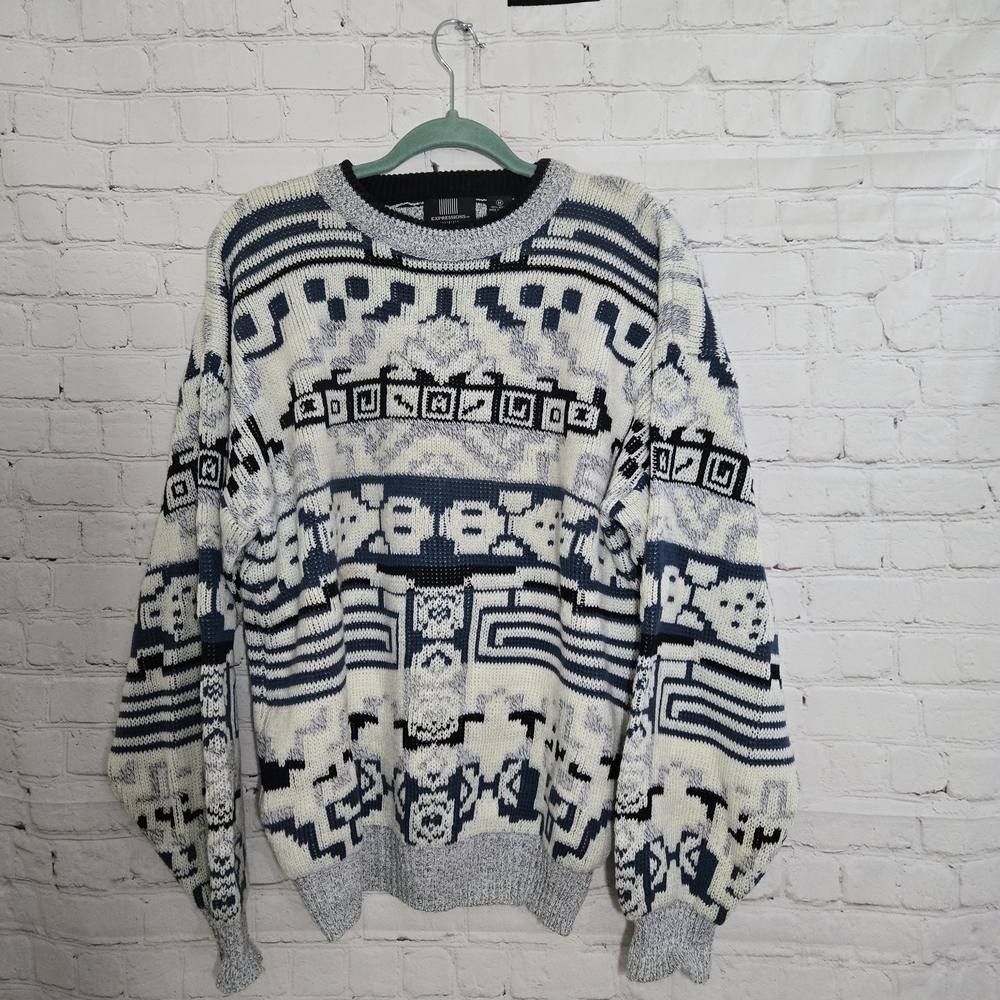 Th 80s‎ EXPRESSIONS Sz M Geometric Navajo Knit Pullover Cosby Sweater